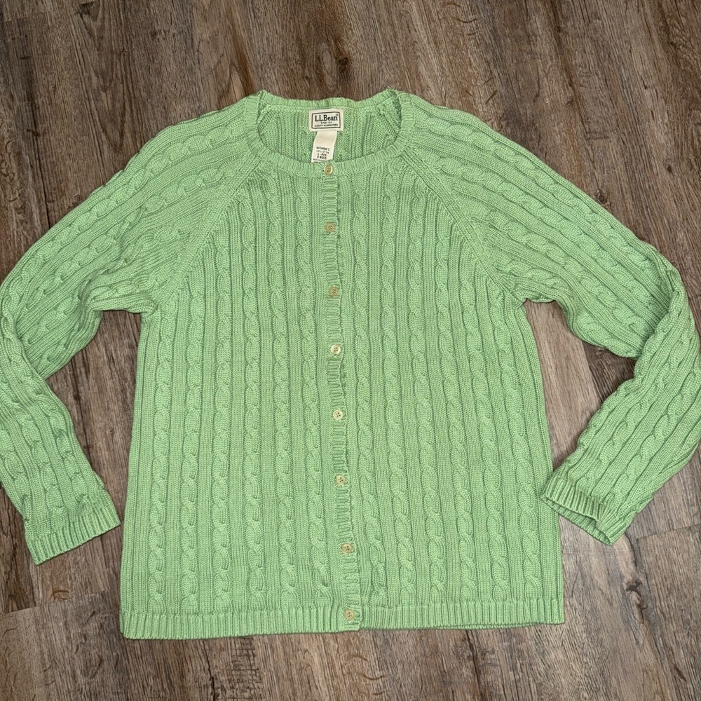 L.L. Bean Mint Green Cable Knit Button-Up Cardigan